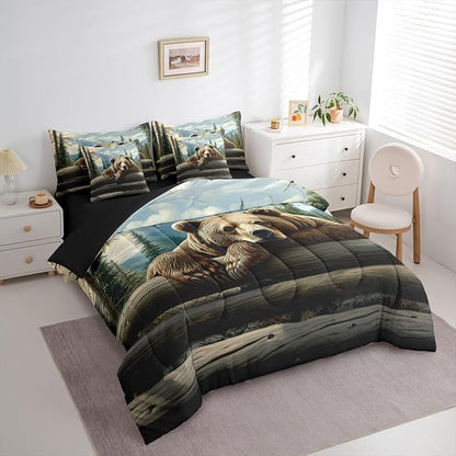 Erosebridal Nature Forest Bear 7 Piece Comforter Set Queen Size Wild Animals Forest Bedding Set for Child Boys Girls | Rustic Cabin Woodland Brown Bear Sheets Mountain Hunting Wildlife Duvet Insert