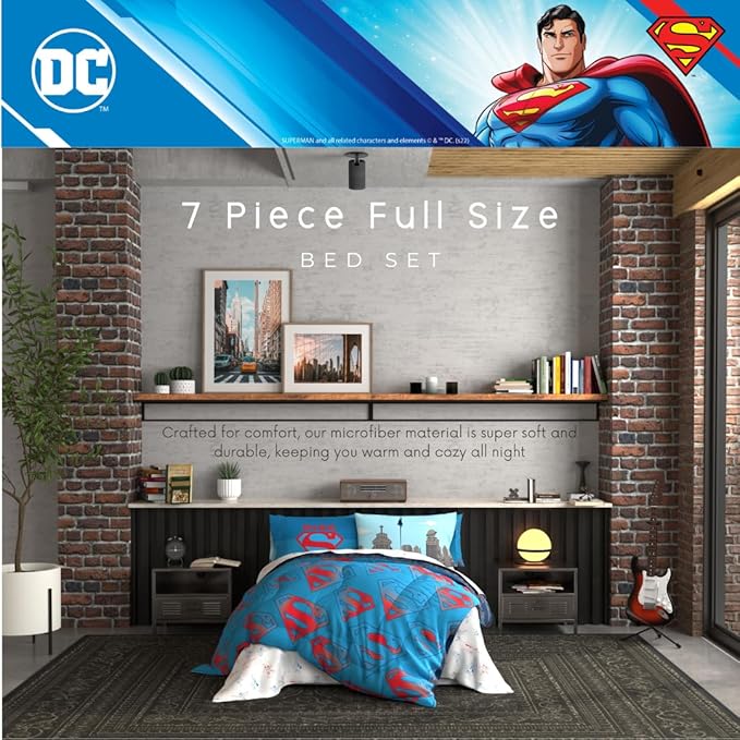 Superman DC Comics Kids Bedding Super Soft & Cozy Reverisble Microfiber Comforter and Sheet Set with Sham, 7 Piece Full Size, (Officially Licensed Product) by Franco