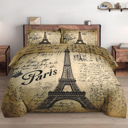 Comforter Set Queen Size, Paris Eiffel Tower Vintage 3 Pcs Soft Bedding Set for Kids and Adults, Vintage Love Retro Comforter Set with 2 Pillowcases, for Bedroom Bed Decor