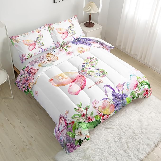 Kids Butterfly Comforter Set Queen for Girls，Tie Dye Butterflies Bedding Set for Bedroom, Butterflies Toddler Bedding Set All Season 1 Comforter and 2 Pillowcases