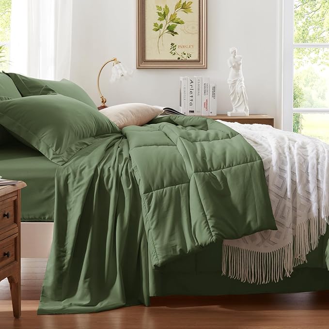 Anluoer Twin Size Bed in a Bag 5 Pieces, Olive Green Bed Comforter Set with Sheets, All Season Bedding Sets with 1 Comforter, 1 Pillow Sham, 1 Pillowcase, 1 Flat Sheet, 1 Fitted Sheet