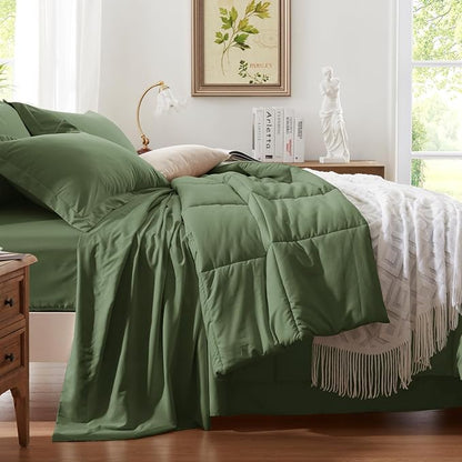 Anluoer King Size Bed in a Bag 7 Pieces, Olive Green Bed Comforter Set with Sheets, All Season Bedding Sets with 1 Comforter,2 Pillow Shams,2 Pillowcases, 1 Flat Sheet, 1 Fitted Sheet