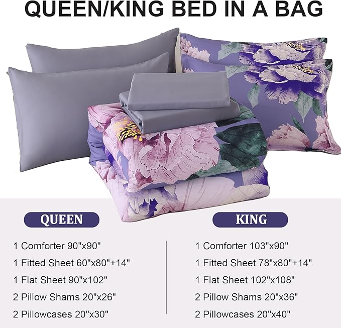 Dobuyly Floral Comforter Set Queen 7 Piece Bed in a Bag, Purple Pink Flower Comforter Set with Sheets, Soft Microfiber Botanical Flower Bedding Set for All Season