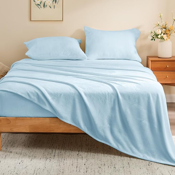 BEDELITE Flannel Sheets Queen Size Blue - Super Soft Fleece Sheets Set Fluffy Extra Plush, 4 Piece(Include Fitted Sheet, Flat Sheet, 2 Pillowcases)