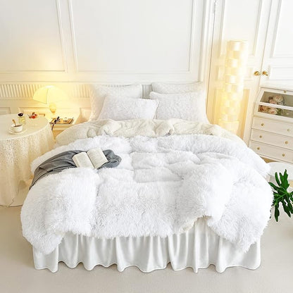 UOZZI BEDDING Faux Fur Comforter Set Queen 3 Pieces - 1 Shaggy Comforter with 2 Pillowcases - Ultra Soft and Easy Care Luxury Plush Warm Winter Duvet Set (Pure White, Twin)
