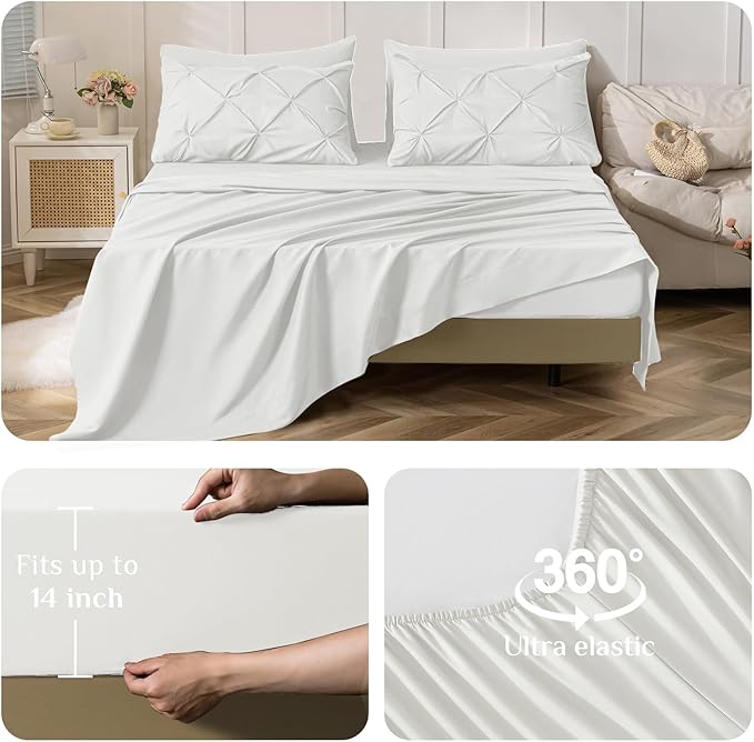 JOLLYVOGUE Queen Comforter Set 7 Pieces - Bed in a Bag Queen for All Season, Pintuck Bedding Comforter Sets with Comforter, Flat Sheet, Fitted Sheet and Pillowcases & Shams, White