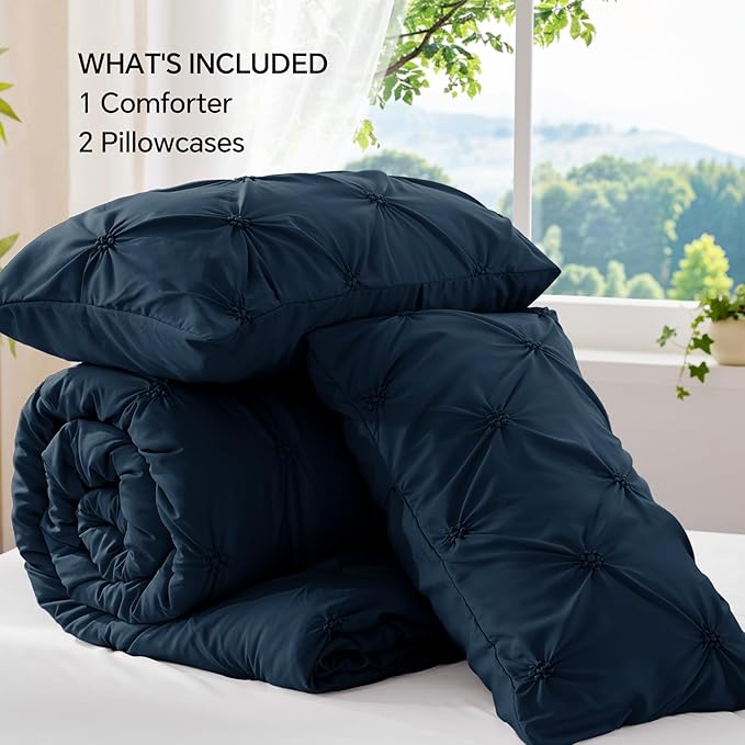 BEDELITE Navy King Size Comforter Set - 3 Pieces Boho Pintuck Bedding Comforter Sets, Lightweight Soft & Warm King Bedding Set with 2 Pillowcases for All Season