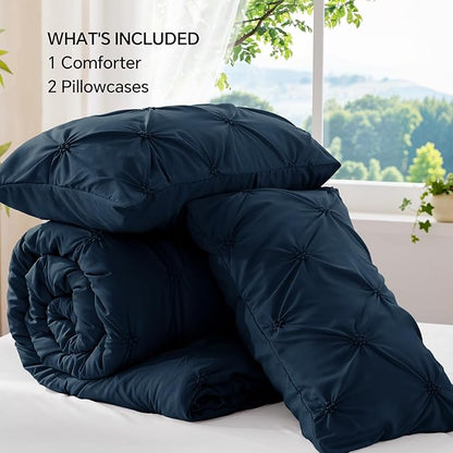 BEDELITE Navy King Size Comforter Set - 3 Pieces Boho Pintuck Bedding Comforter Sets, Lightweight Soft & Warm King Bedding Set with 2 Pillowcases for All Season