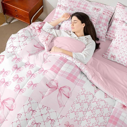 Feelyou Pink Bow Comforter Set with Sheets 7 Piece Queen Size Cute Bowknot Bedding Set for Kids Boys Girls Bow Plaid Grid Bed in a Bag Princess Decor Room Decor Soft Lightweight Microfiber
