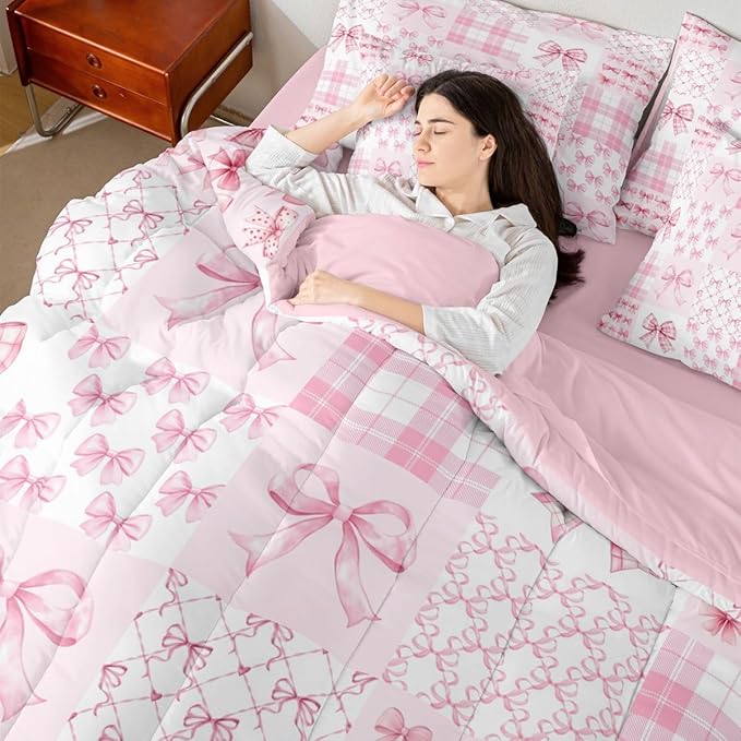 Feelyou Pink Bow Comforter Set with Sheets 7 Piece King Size Cute Bowknot Bedding Set for Kids Boys Girls Bow Plaid Grid Bed in a Bag Princess Decor Room Decor Soft Lightweight Microfiber