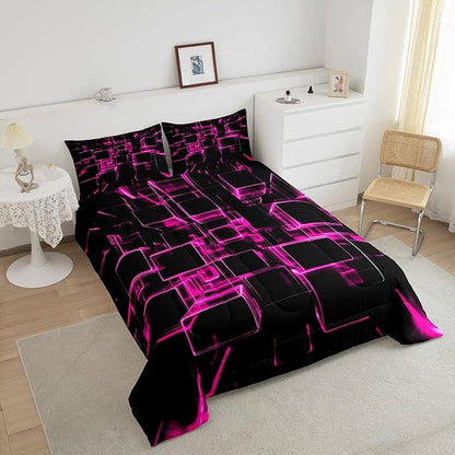 Erosebridal Girly Pink and Black Kids Comforter Set, Modern Abstract Geometric Square Bedding Sets for Boys Girls Gradient Neon Light Honeycomb Duvet Insert King with 2 Pillowcases