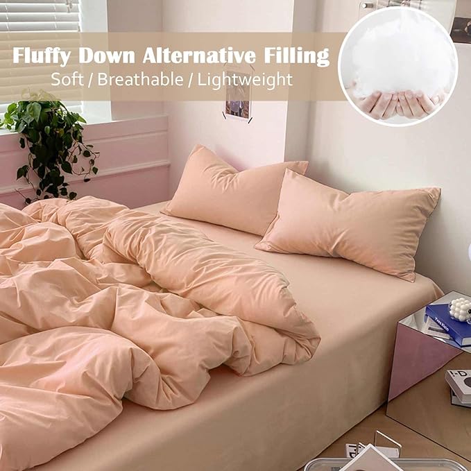 Nanko Peach Coral Queen Size Comforter Set, Soft Microfiber Down Alternative Duvet Insert, Modern Farmhouse Neutral Spring Decor Bedding Sets Bed in a Bag for Women Men Teen, 90 x 90 inch 3pcs