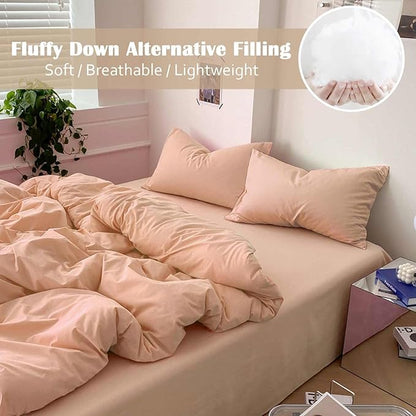 Nanko Peach Coral Queen Size Comforter Set, Soft Microfiber Down Alternative Duvet Insert, Modern Farmhouse Neutral Spring Decor Bedding Sets Bed in a Bag for Women Men Teen, 90 x 90 inch 3pcs