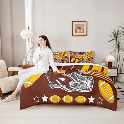 Feelyou Football 7 Pieces Comforter Sets King Size Kids Rugby Sports Bedding Set for All Season Football City Bed in a Bag with Comforter, Sheets, Pillowcases & Cushion Cover
