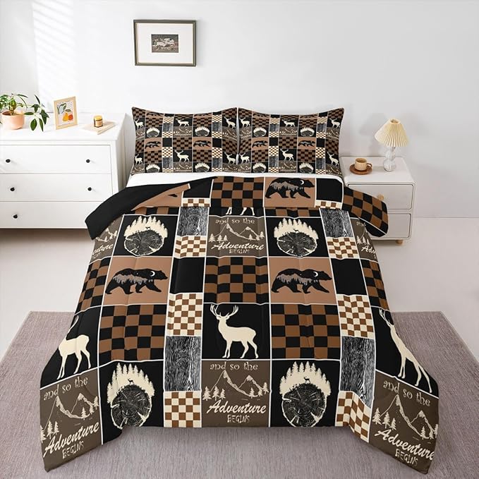 Boys Bear Deer Plaid Comforter Set, Rustic Cabin Lodge Bedding For Kids Bedroom, Brown Black Buffalo Quilt Hunting Wildlife Camping Farmhouse Patchwork Duvet Insert Deer Decorations For Home, King