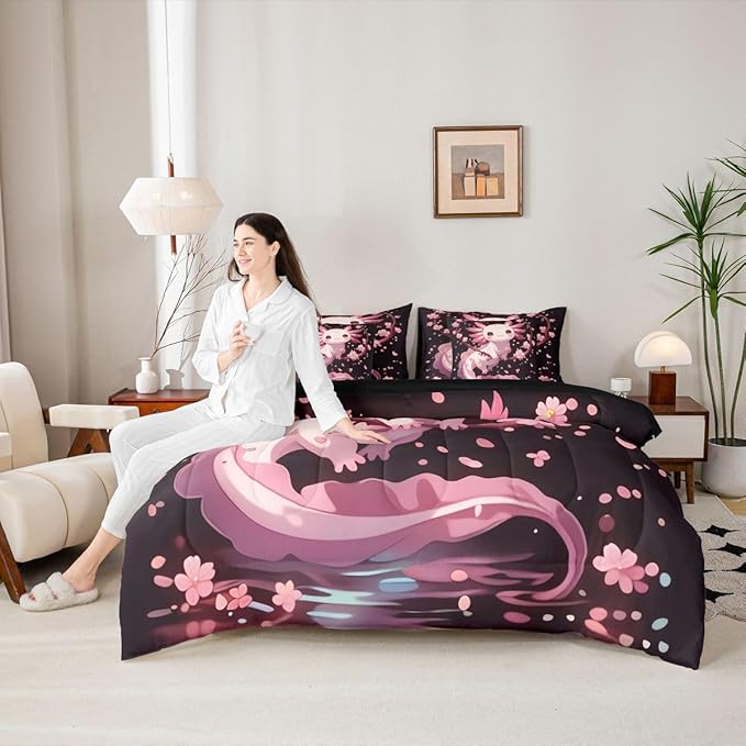 Erosebridal Axolotl Bed in A Bag Queen | Cherry Blossom Japanese 7 Piece Comforter Set Wildlife Pet Animal Pink Salamander Sheet Set Reversible Underwater World Fitted Sheet Breathable Lightweight
