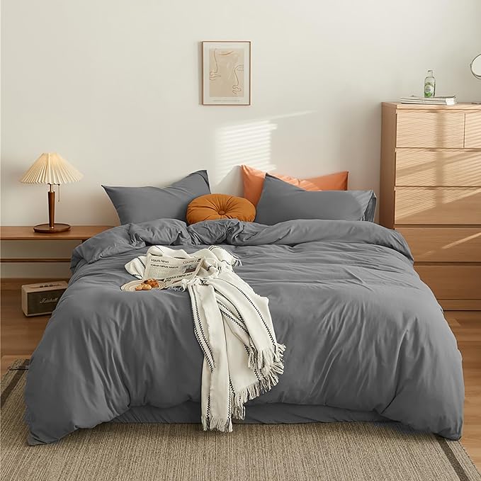 Cottonight Grey Comforter Set King Men Dark Gray Bedding Comforter Set King Size Solid 3Pcs Bed Set Modern Cozy Breathable Gray Bedding Comforter Sets for Women Men