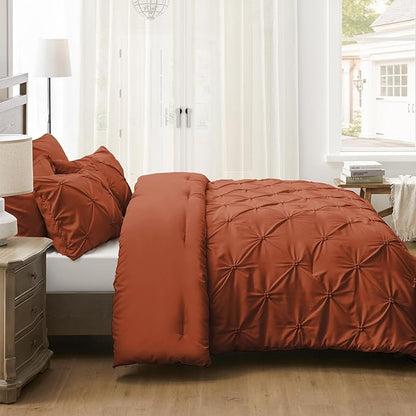 UNIKOME King Size Comforter Set Burnt Orange - Ultra Soft Boho Pintuck Down Alternative Bedding Set for All Seasons, 3 Pieces Lightweight Warm Pinch Pleat Bed Set with Comforter, 2 Pillowcases