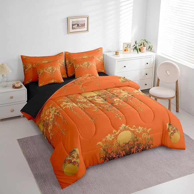 Erosebridal Gothic Comforter Set 7 Piece Bed in a Bag Twin,Goth Sugar Skull Orange Yellow Damask Bedding Set,Bohemian Vintage Floral Comforter and Sheet Set,Exotic Antique Victorian Baroque Decor