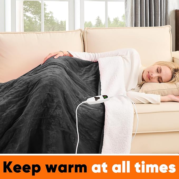 greenoak Heated Blanket Electric Throw 50"X60", Heating Blanket with 10 Heat Levels 8 Hours Auto-Off,Fleece Soft Blanket, Birthday Gifts for Grandma Seniors, Lacquered Black