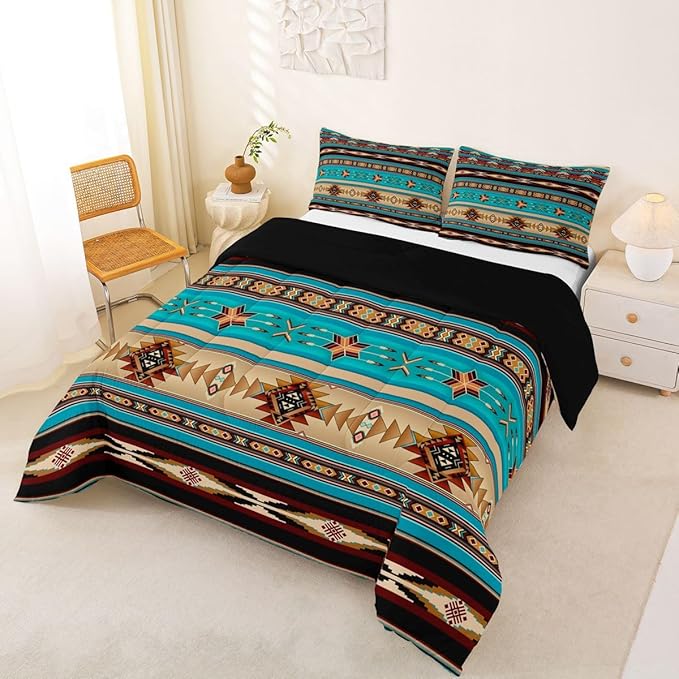 Aztec Bedding Set Ethnic Tribal Arrow Queen Comforter Set,Vintage Southwestern Native Bohemian Quilt,Western Star Duvet Insert Exotic Geometric Diamond Stripes Room Decor,Teal Blue and Brown