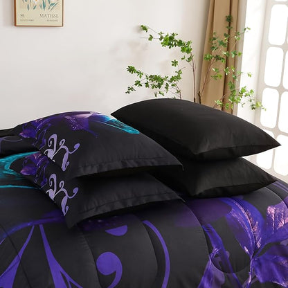 WONGS BEDDING Queen Comforter Set -7 Pieces, Reversible Teal & Purple Rose Bed in a Bag Queen, Lightweight Soft Microfiber Bedding Sets with Flat Sheet, Fitted Sheet, Pillowcases & Shams