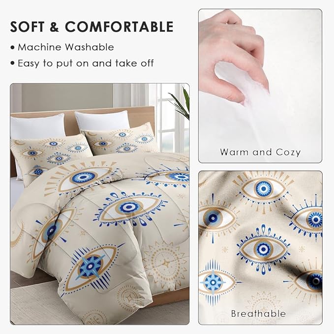Twin Size Comforter Set with Pillowcase, Bohemian Eye 2 Pcs Bedding for Kids and Adults, Blue Boho Soft Comforter Set for Bedroom Bed Decor