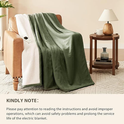 Homemate Heated Blanket Electric Throw - 50"x60" Heating Blanket Throw 1/2/4/6/8 Hours Auto-Off 10 Heat Level Over-Heat Protection Flannel Sherpa ETL Certification