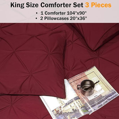 Andency Burgundy Comforter Set King(104x90Inch), 3 Pieces(1 Pinch Pleat Comforter and 2 Pillowcases) All-Season Pintuck Comforter Set, Soft Lightweight Microfiber Bedding Set