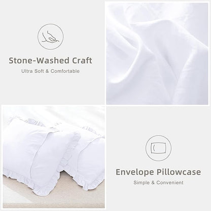 QSH White Farmhouse Ruffled Comforter Set King Size Shabby Boho Chic White Bedding Comforter King Lightweight Fluffy Ultra Soft Microfiber Inner Fill Bedding Set 3 Pieces