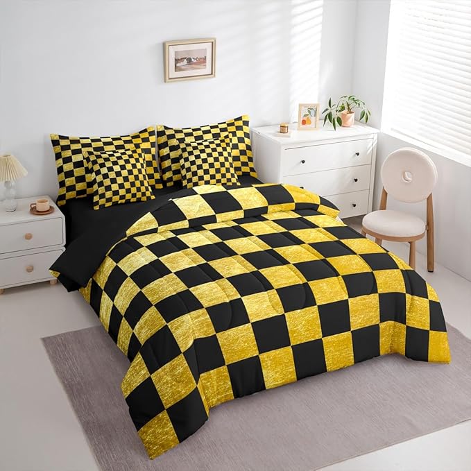 Checkered Retro Comforter Set with Sheets 7 Piece Full Size Golden Black Plaid Bed in a Bag Kids Boys Girls Geometric Vintage Bedding Set Modern Simple Groovy Aesthetic Bedroom Decor Breathable Soft