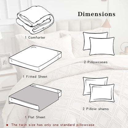 7 Pieces Tufted Bed in a Bag Queen Comforter Set with Sheets Beige, Soft and Embroidery Shabby Chic Boho Bohemian, Luxury Solid Color with Diamond Pattern, Jacquard Tufts Bedding Set for All Season