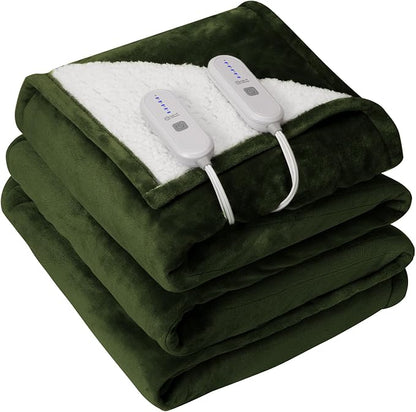 King Heated Blanket Dual Control - 100 X 90 Inch Washable Electric Blanket with 5 Heating Levels, 10 Hours Auto Off, ETL Certified, Soft Flannel Sherpa Heating Blankets for Bed, Green