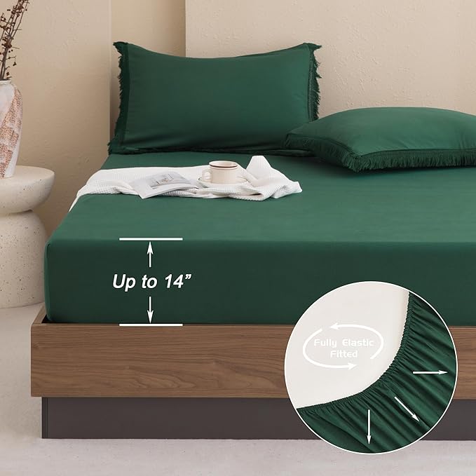 Andency California King Size Comforter Set with Sheets Emerald Green - 7 Pieces Cal King Bed in a Bag Boho Bedding Sets, Dark Green Fringe Bed Set with Comforter, Sheets, Pillowcases & Shams