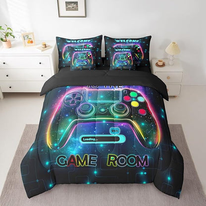 jejeloiu Cool Gamer 7 Piece Bedding Set King Size for Boys 3D Gaming Comforter Set with Sheets Kids Teens Bright Color Bed in a Bag Modern Game Console Bed Set