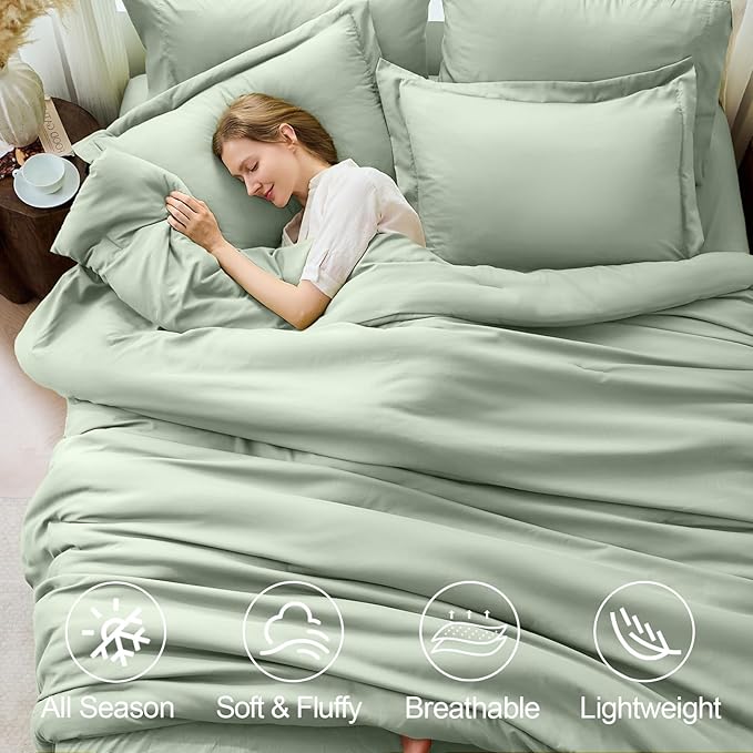 FUANNA Queen Comforter Set Sage Green, 7 Pieces Soft Bedding Sets Queen Size, All Season Lightweight Bed in a Bag with Comforter, Flat Sheet, Fitted Sheet, Pillowcases & Shams