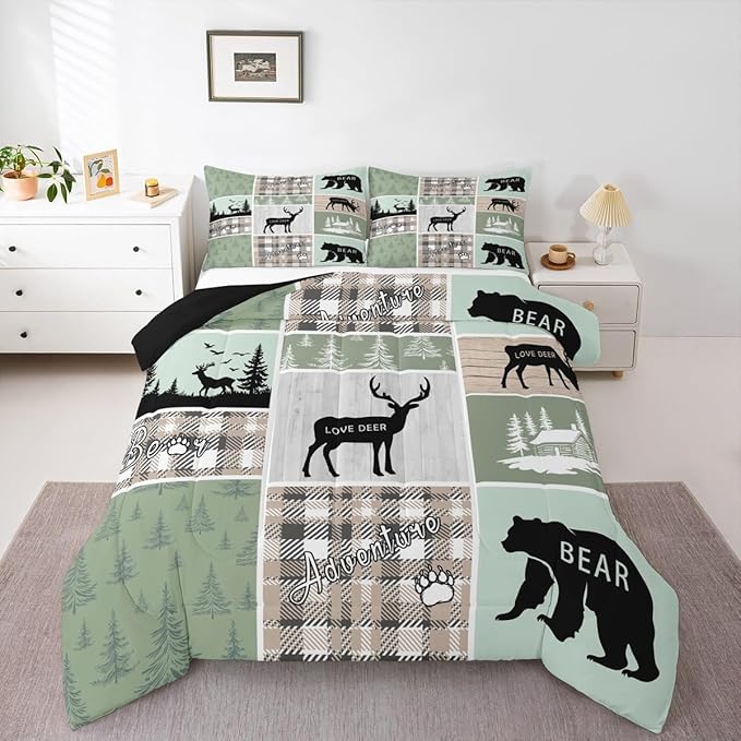 Erosebridal Bear Comforter Set, Rustic Farmhouse Bedding Twin Size for Kids Boys Teens Adult Bedroom, Vintage Cabin Lodge Quilt Forest Animal Wildlife Patchwork Duvet Insert Bear Decor for Nursery