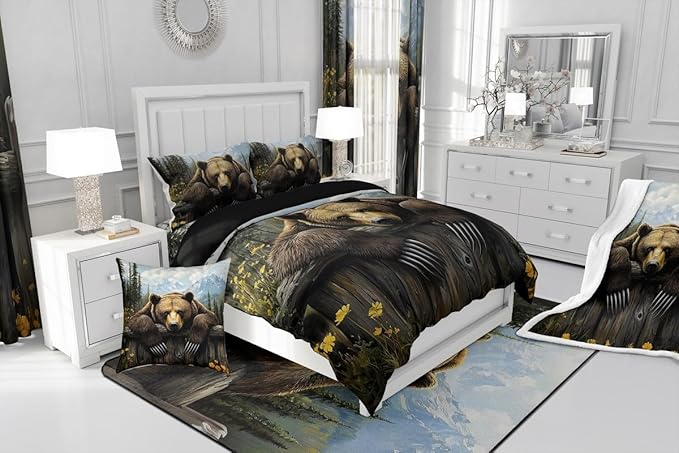 Feelyou Kids Bear Comforter Set Twin Size Rustic Cabin Country Bedding Set for Boys Girls Wood Farmhouse Comforter Adult Duvet Set,1 Comforter+ 1 Pillow Shams,Brown Blue Yellow