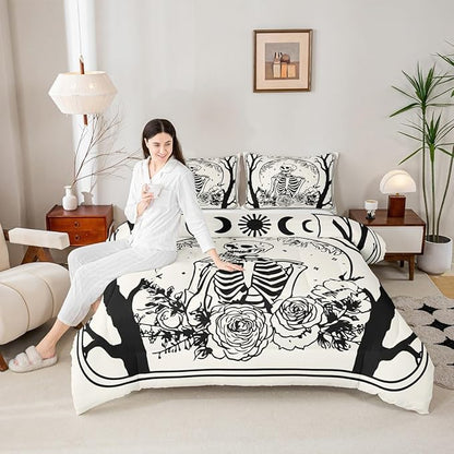Erosebridal Halloween Gothic Skull Comforter Set Queen, Goth Skeleton Bedding Set for Kids Teens Youth Women Men Vintage Halloween Decor, Gothic Floral Comforter, Sun and Moon Quilt
