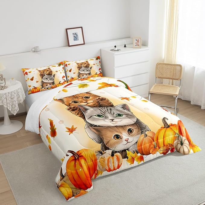 Erosebridal Kids Cute Cats Comforter Full Fall Pumpkin Maple Leaf Bedding Sets for Girls Boys,Autumn Thanksgiving Decor Comforter Set for Bedroom,Happy Fall Decorations for Home with 2 Pillow Cases
