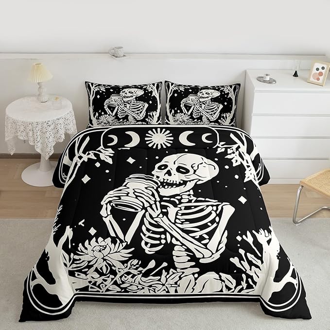 Erosebridal Goth Bedding Set Twin for Home, Spooky Halloween Gothic Skull Comforter Set, Skeleton Drinking Coffee Black Comforter, Sun and Moon Quilt with 1 Pillowcase for Kids Teens Women Men