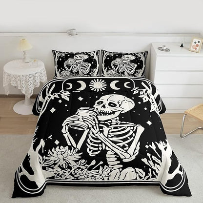 Erosebridal Goth Bedding Set Full for Home, Spooky Halloween Gothic Skull Comforter Set, Skeleton Drinking Coffee Black Comforter, Sun and Moon Quilt with 2 Pillowcases for Kids Teens Women Men