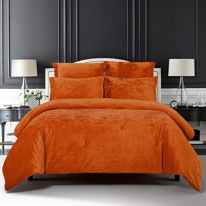 Sunshine Nicole Distressed Velvet Comforter Set, Distressed Velvet Face and Brushed Solid Microfiber Reverse, with Light Weight Soft Poly Fill, 5 Pieces Terracotta, Queen