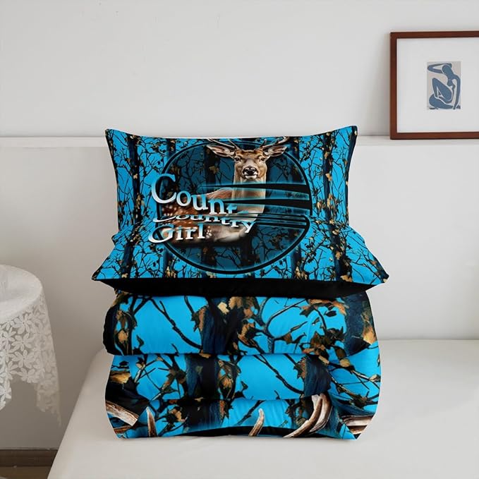 Erosebridal Deer Hunting Camo Queen Bedding Set,Blue Camouflage Comforter Set for Boys Girls Kids,Rustic Lodge Cabin Comforter,Woodland Hunter Bedroom Decor with 2 Pillowcases,Breathable