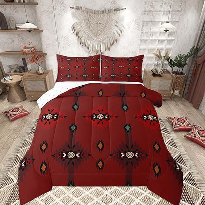 Feelyou Red Southwest Native Comforter Set Western Tribal Bedding Set King Size for Kids Boys Girls Teens Room Decor Geometric Boho Comforter Soft Microfiber