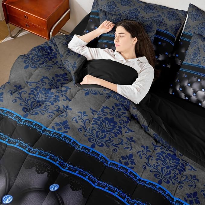 Blue Damask 7-Piece Comforter Set Full Bed in a Bag | Luxury Black Diamond Texture Pattern Bohemian Bedding Sets Antique Decor Gothic Vintage Floral Comforter and Sheet Set, Boho Baroque Room Decor
