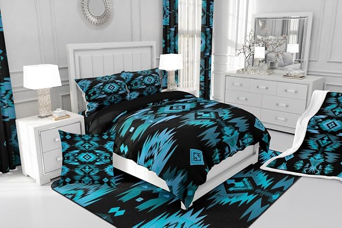 Feelyou Blue Black Southwestern Comforter Set,Tribal Native American Indian Bedding Set King Size,Boys Girls Bedroom Room Decor,Exotic Style Comforter,Farmhouse Western Bed Set