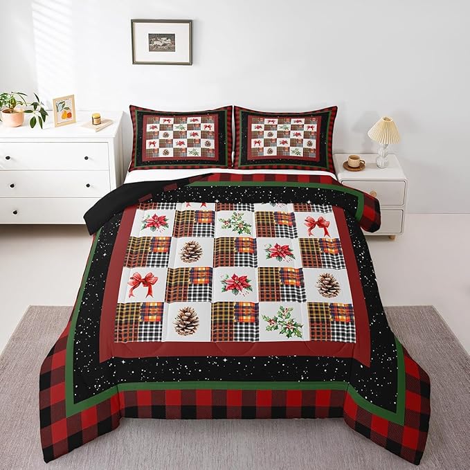 Merry Christmas Comforter Set Full Size,Red Black Checkered Patchwork Bedding Set for Kids Teens Women Men Room Decor,Christmas Tree Pinecone Bowknots Quilt Set Retro Plaid Duvet Insert 3Pcs