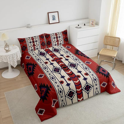 Erosebridal Western Boho Bedding Sets Queen Vintage Red Brown Aztec Quilt Set American Native Southwestern Comforter Set for Boys Adults Men,Southwest Ethnic Tribal Geometric Diamond Bed Duvet Set