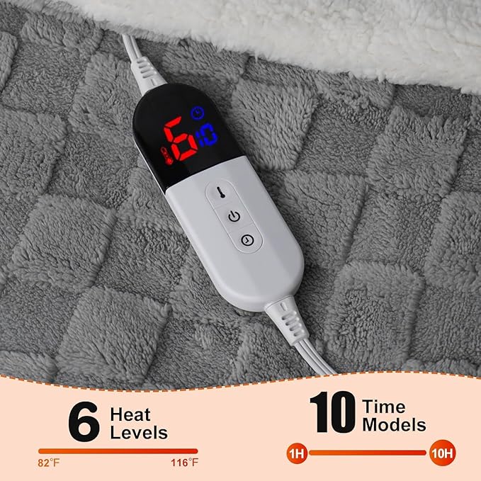 Electric Blanket, Heated Blanket with 6 Heat Levels & 10 Hours Auto Off, Soft Checked Flannel Fast Heating Blanket with ETL & FCC Certification (Gray, 62"X84")